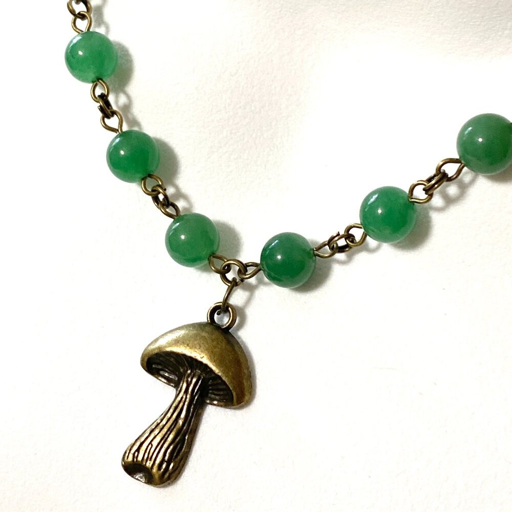 Natural Green Chalcedony Necklace, Cute Bronze Slim Mushroom + Genuine Gemstone